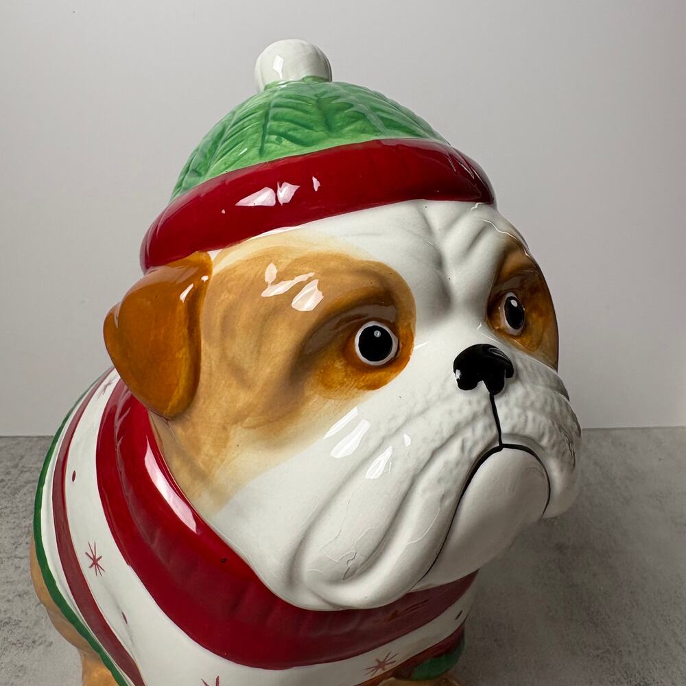 Sleigh Bell Bistro Holiday Hand-Painted Bulldog Ceramic Cookie Jar - Picture 9 of 16